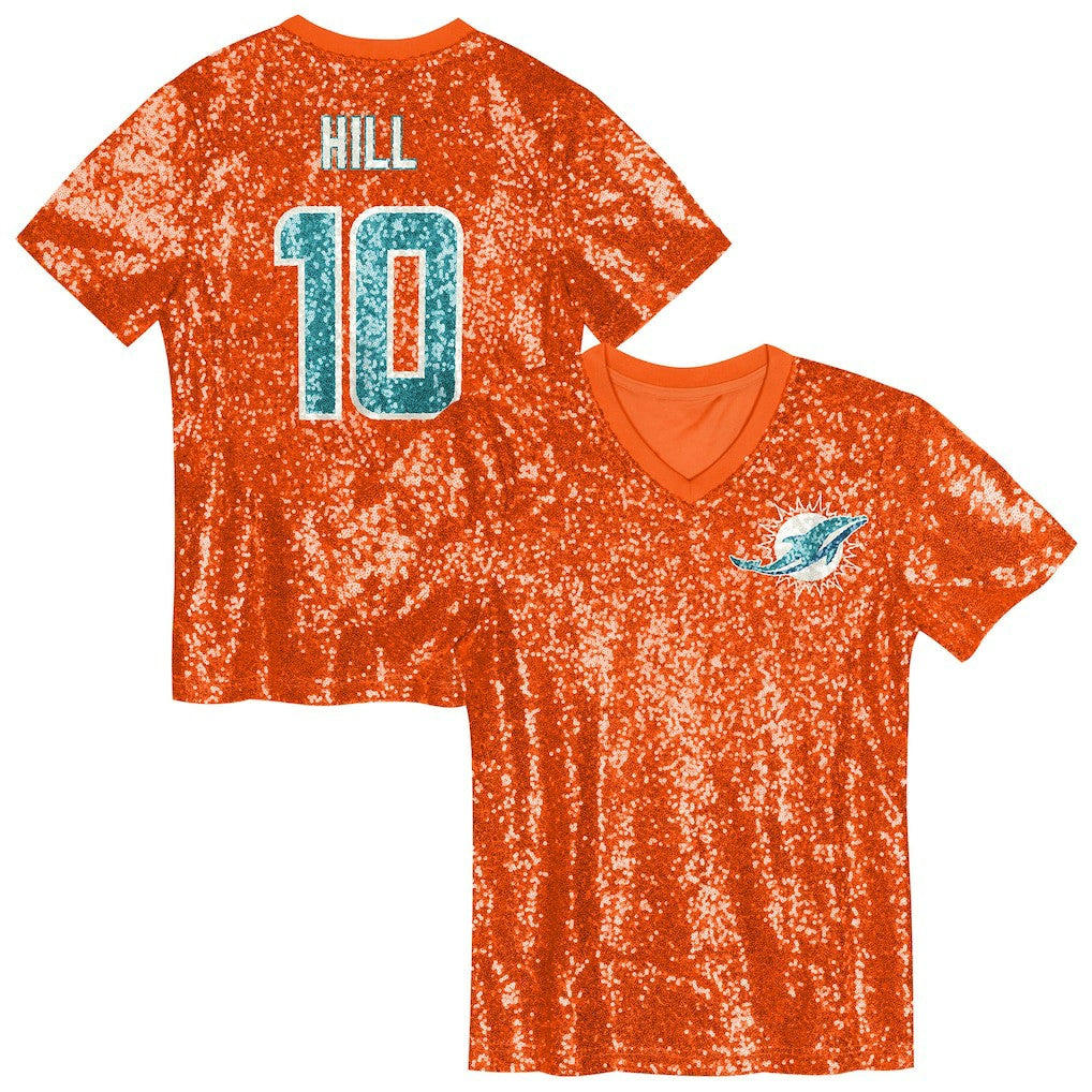 Tyreek Hill Miami Dolphins Girls Youth Sequin V-Neck Fashion Jersey - Orange Jerseys
