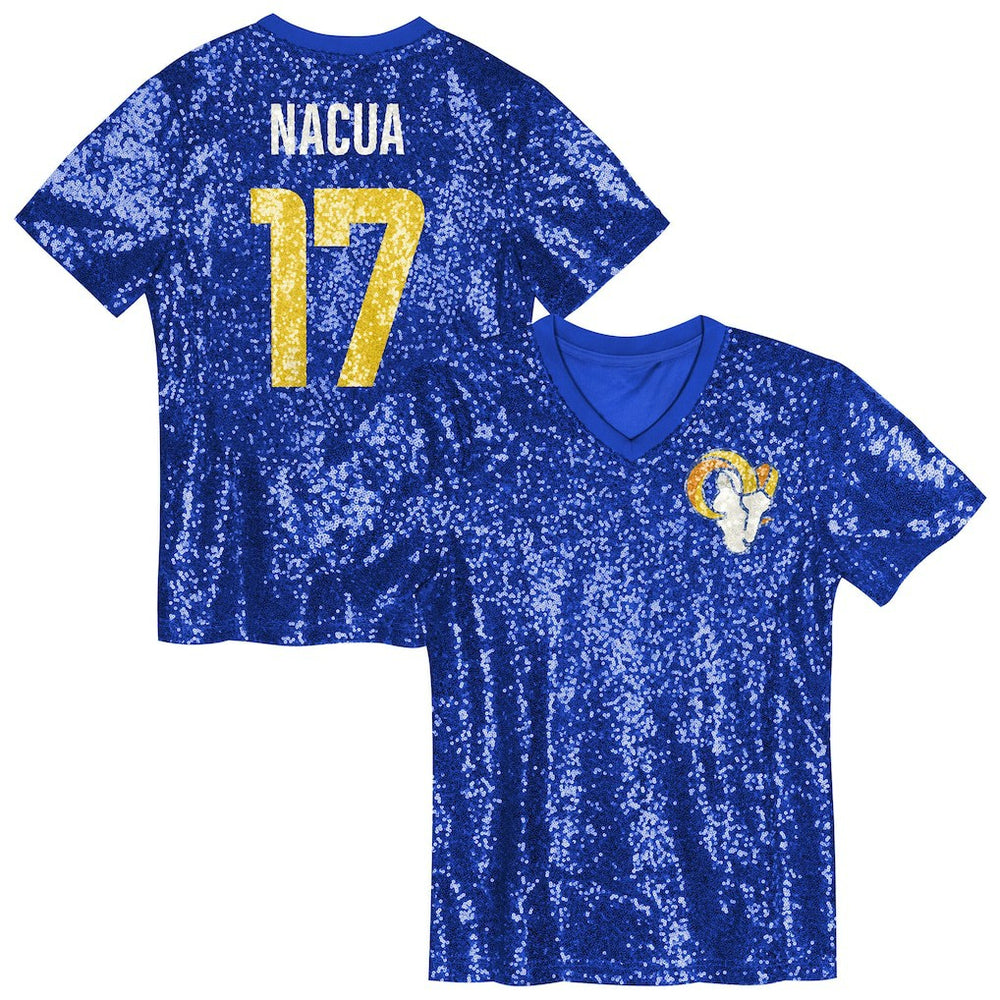 Puka Nacua Los Angeles Rams Girls Youth Sequin V-Neck Fashion Jersey - Royal Jerseys