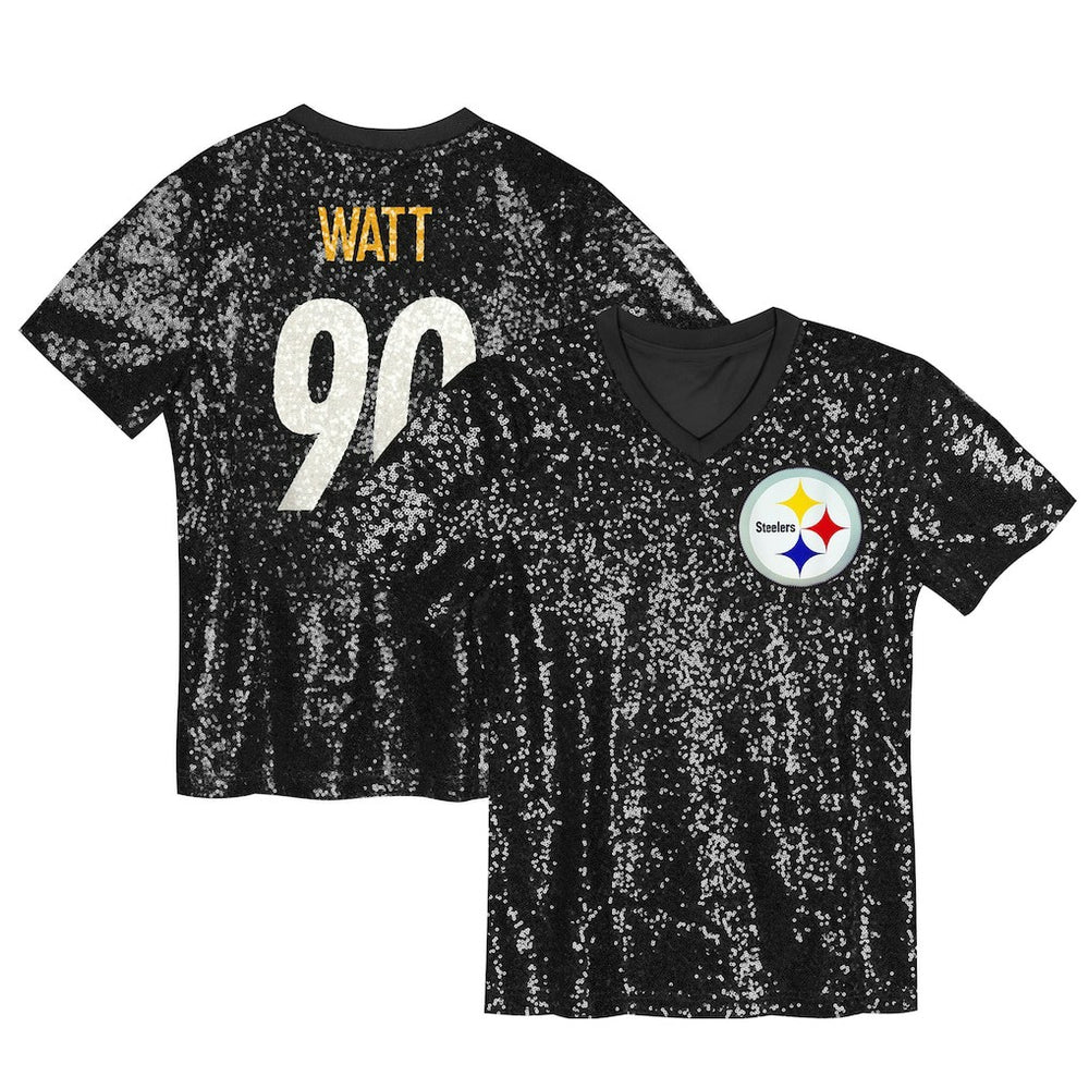 T.J. Watt Pittsburgh Steelers Girls Youth Sequin V-Neck Fashion Jersey - Black Jerseys