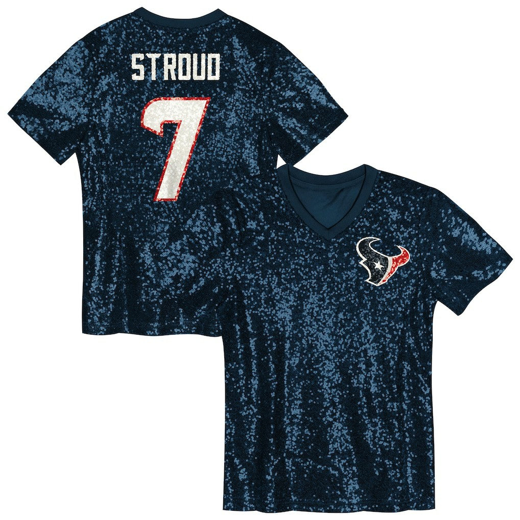 C.J. Stroud Houston Texans Girls Youth Sequin V-Neck Fashion Jersey - Navy Jerseys