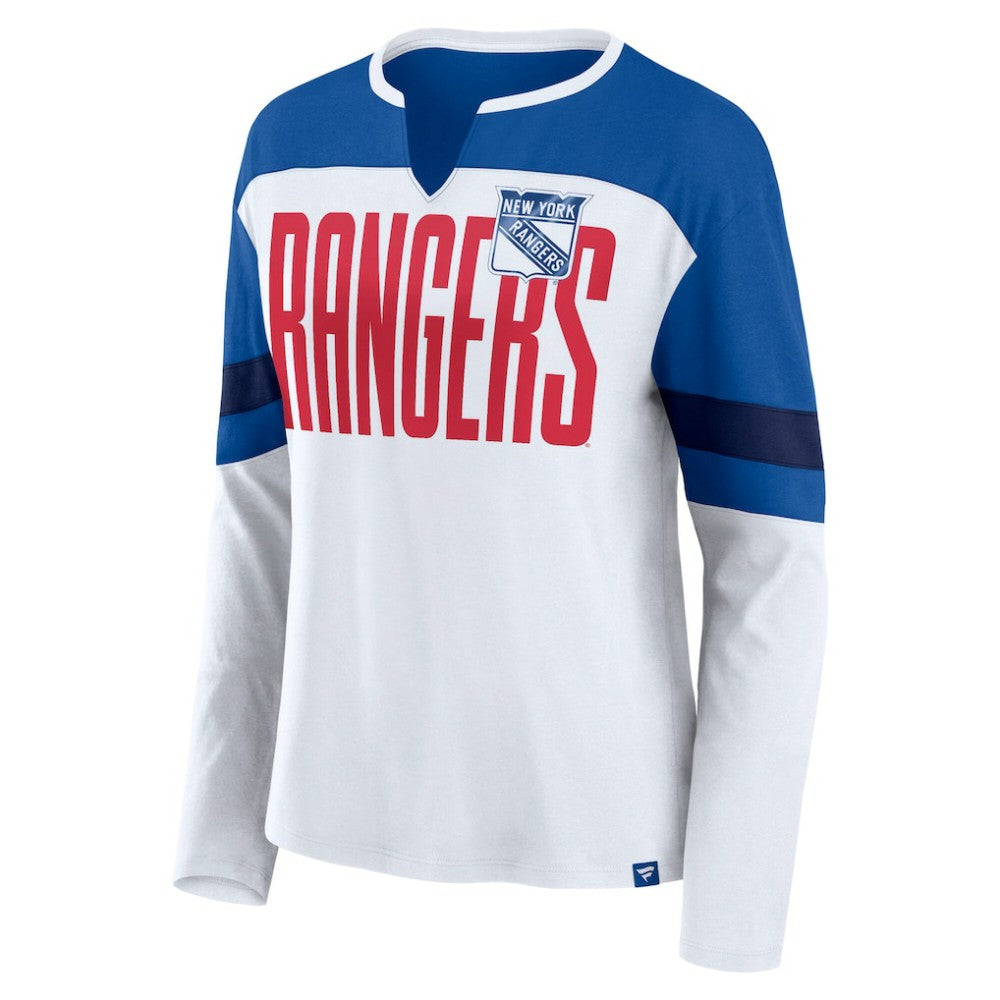 New York Rangers Fanatics Women's Frozen Long Sleeve Notch Neck T-Shirt - White/Blue | US 201190140