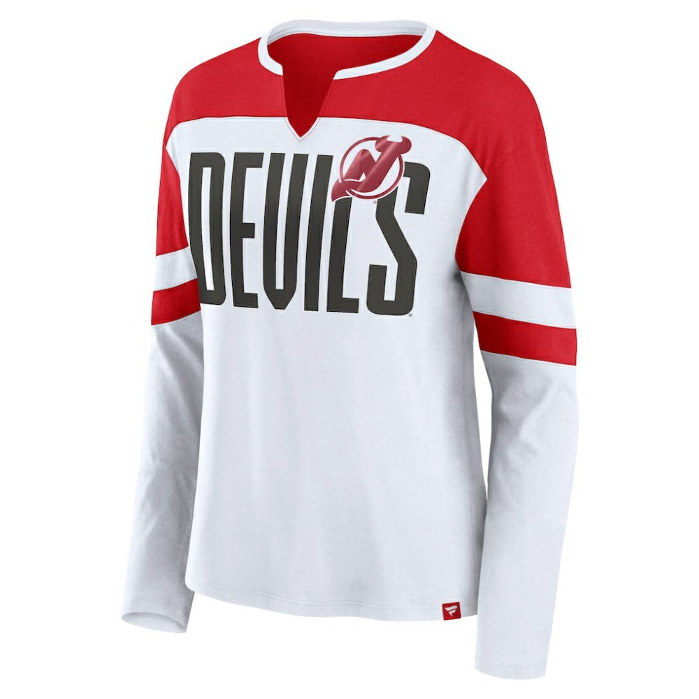 New Jersey Devils Fanatics Women's Frozen Long Sleeve Notch Neck T-Shirt - White/Red | US 201190142