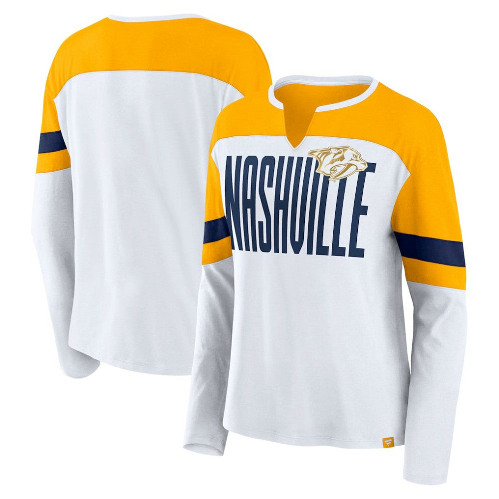 Nashville Predators Fanatics Women's Frozen Long Sleeve Notch Neck T-Shirt - White/Gold | US 201190143