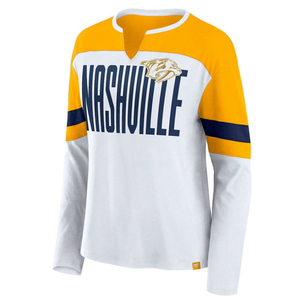 Nashville Predators Fanatics Women's Frozen Long Sleeve Notch Neck T-Shirt - White/Gold | US 201190143