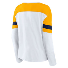 Nashville Predators Fanatics Women's Frozen Long Sleeve Notch Neck T-Shirt - White/Gold | US 201190143
