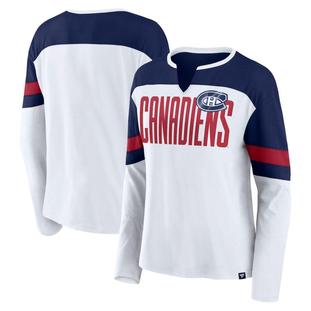 Montreal Canadiens Fanatics Women's Frozen Long Sleeve Notch Neck T-Shirt - White/Navy | US 201190144