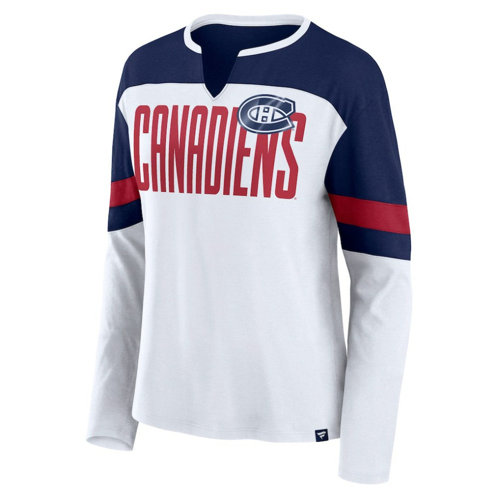 Montreal Canadiens Fanatics Women's Frozen Long Sleeve Notch Neck T-Shirt - White/Navy | US 201190144