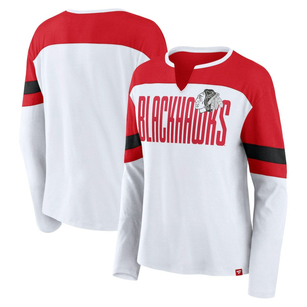 Chicago Blackhawks Fanatics Women's Frozen Long Sleeve Notch Neck T-Shirt - White/Red | US 201190149