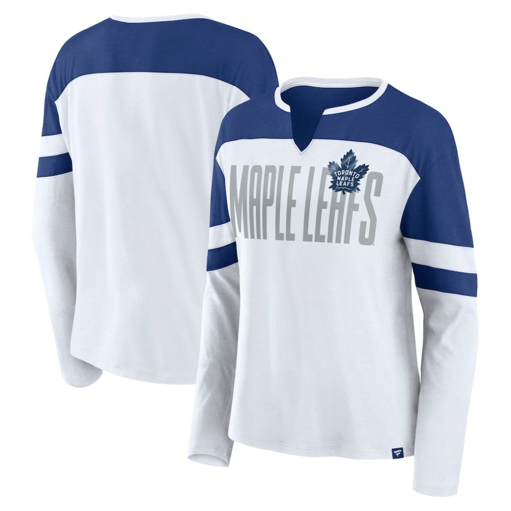 Toronto Maple Leafs Fanatics Women's Frozen Long Sleeve Notch Neck T-Shirt - White/Blue | US 201190151