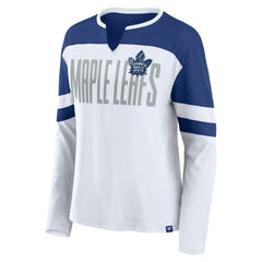 Toronto Maple Leafs Fanatics Women's Frozen Long Sleeve Notch Neck T-Shirt - White/Blue | US 201190151