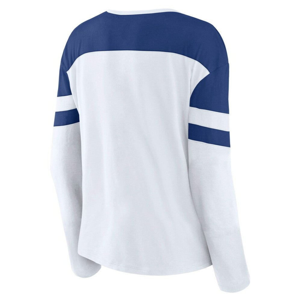 Toronto Maple Leafs Fanatics Women's Frozen Long Sleeve Notch Neck T-Shirt - White/Blue | US 201190151