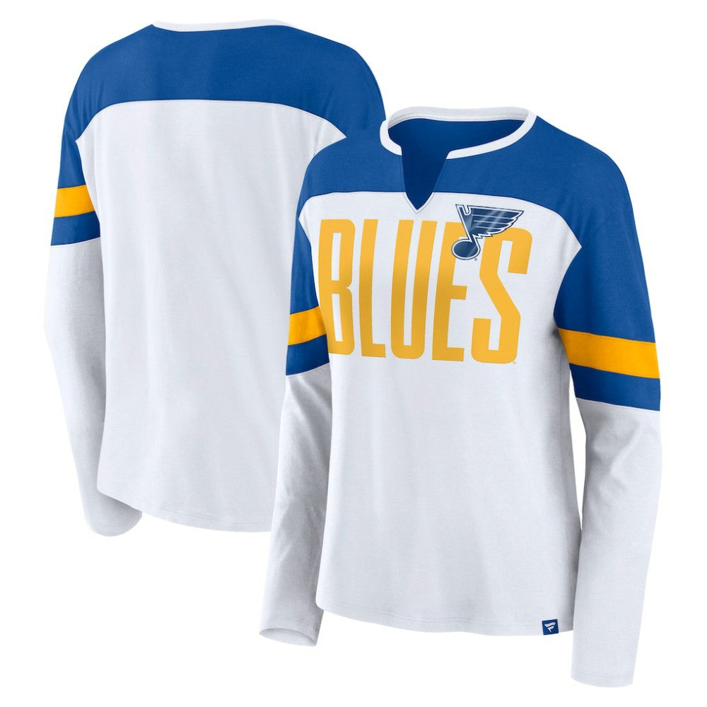 St. Louis Blues Fanatics Women's Frozen Long Sleeve Notch Neck T-Shirt - White/Blue | US 201190157