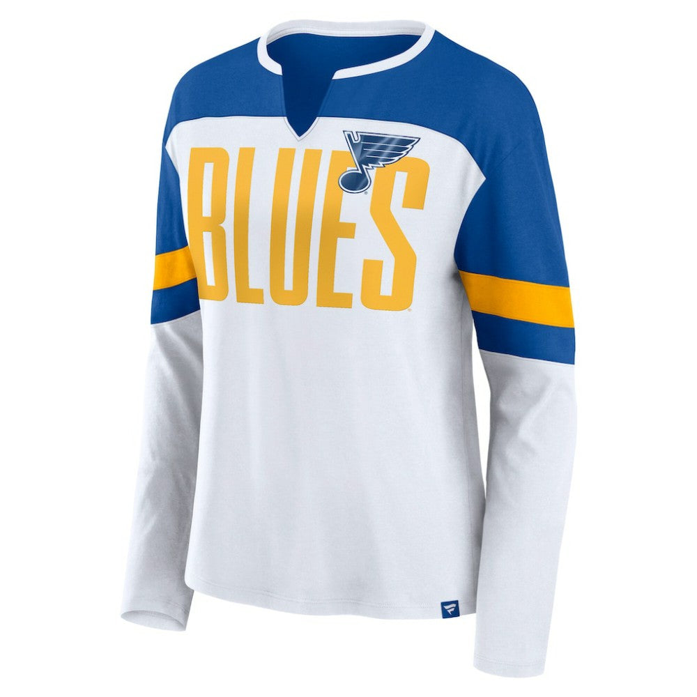 St. Louis Blues Fanatics Women's Frozen Long Sleeve Notch Neck T-Shirt - White/Blue | US 201190157
