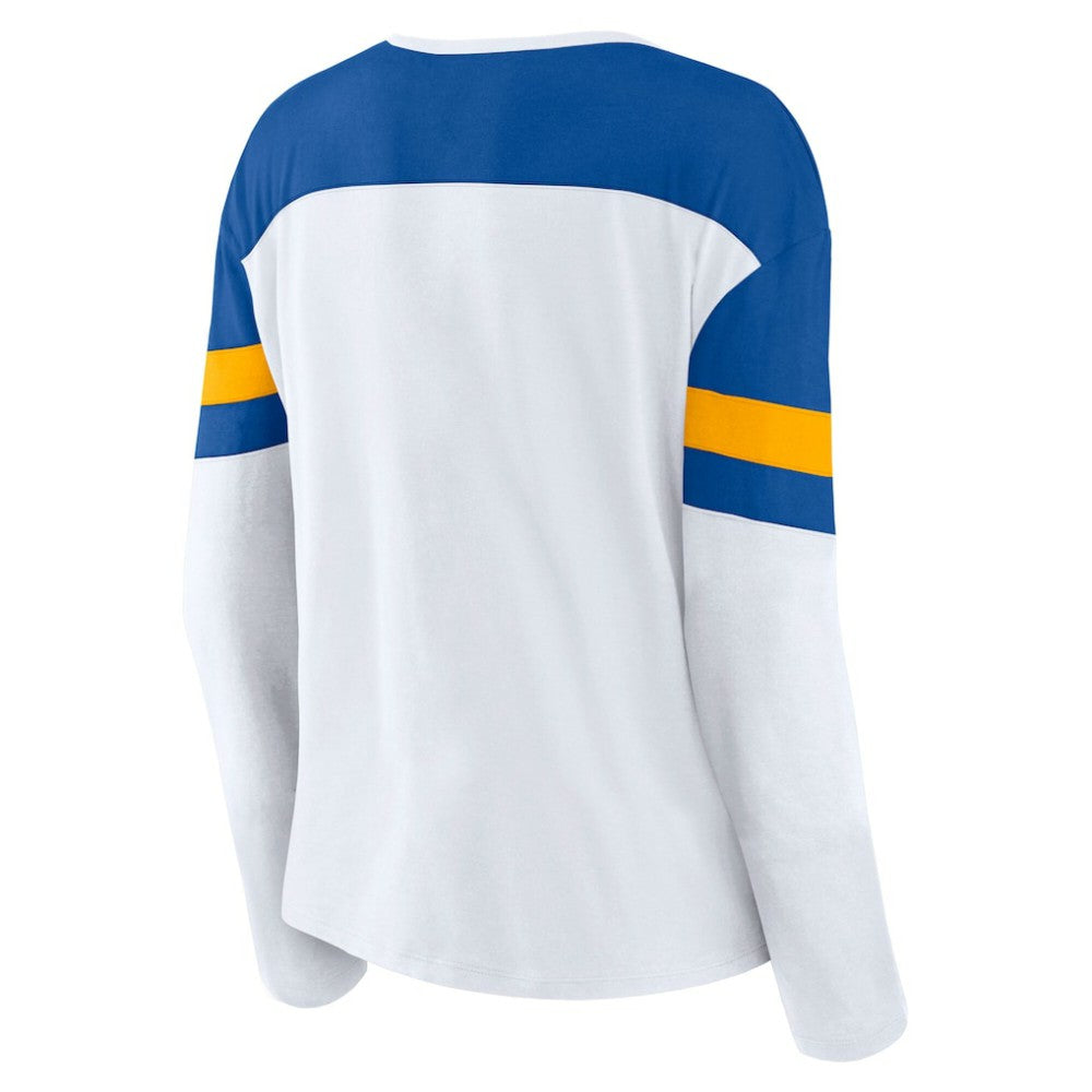 St. Louis Blues Fanatics Women's Frozen Long Sleeve Notch Neck T-Shirt - White/Blue | US 201190157