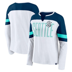Seattle Kraken Fanatics Women's Frozen Long Sleeve Notch Neck T-Shirt - White/Deep Sea Blue | US 201190159