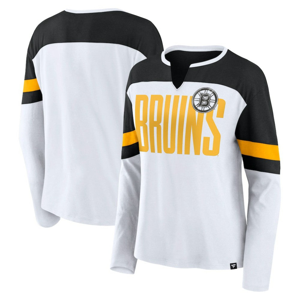 Boston Bruins Fanatics Women's Frozen Long Sleeve Notch Neck T-Shirt - White/Black | US 201190167