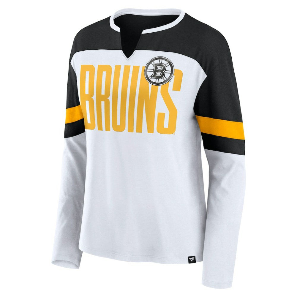 Boston Bruins Fanatics Women's Frozen Long Sleeve Notch Neck T-Shirt - White/Black | US 201190167