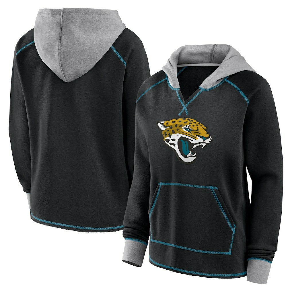 Jacksonville Jaguars Logo Athletic Women's Boom Fleece Pullover V-Neck Hoodie - Black Hoodies