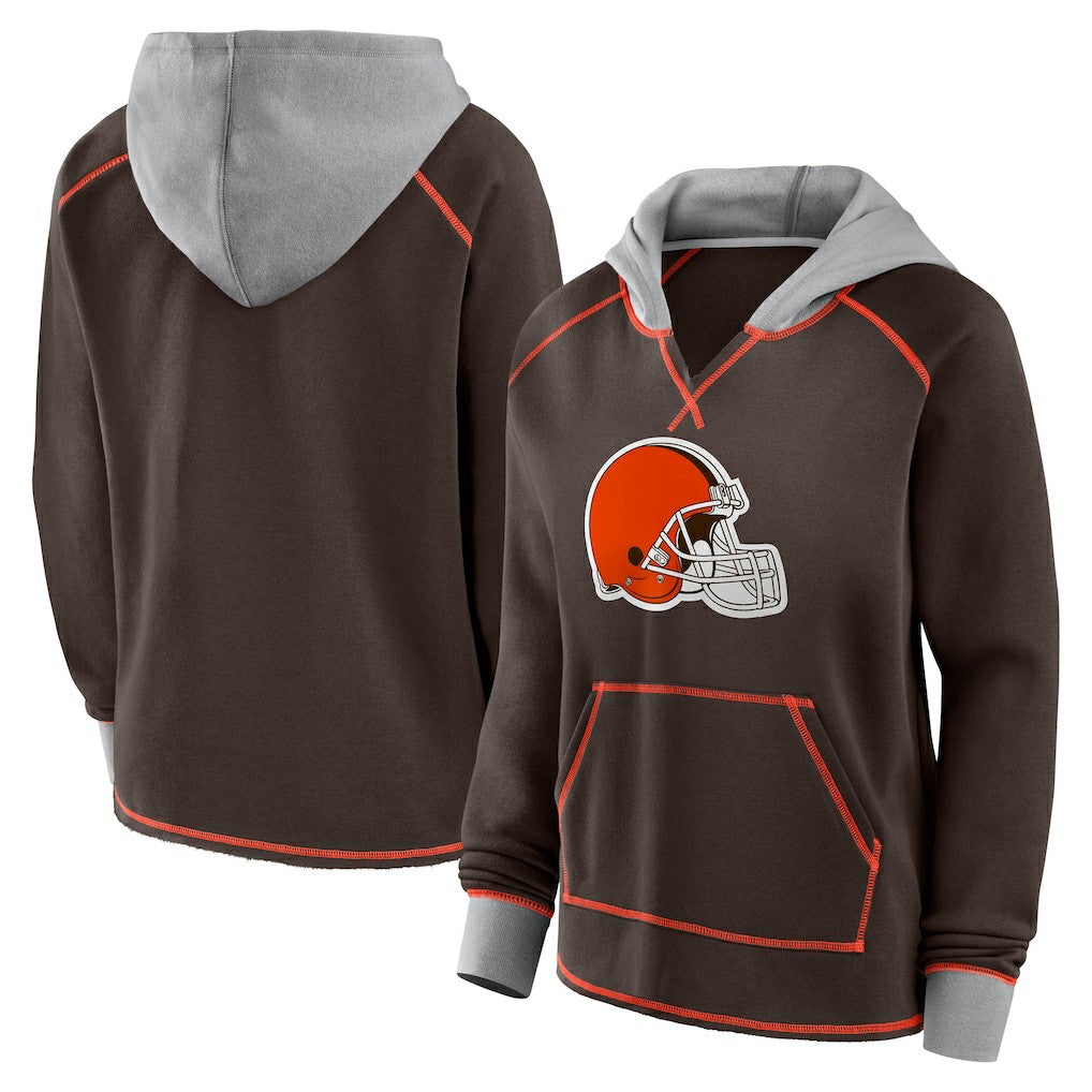 Cleveland Browns Logo Athletic Women's Boom Fleece Pullover V-Neck Hoodie - Brown Hoodies