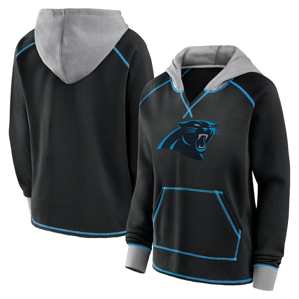Carolina Panthers Logo Athletic Women's Boom Fleece Pullover V-Neck Hoodie - Black Hoodies