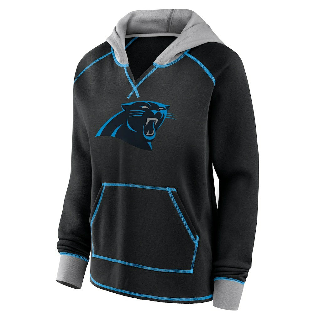 Carolina Panthers Logo Athletic Women's Boom Fleece Pullover V-Neck Hoodie - Black Hoodies