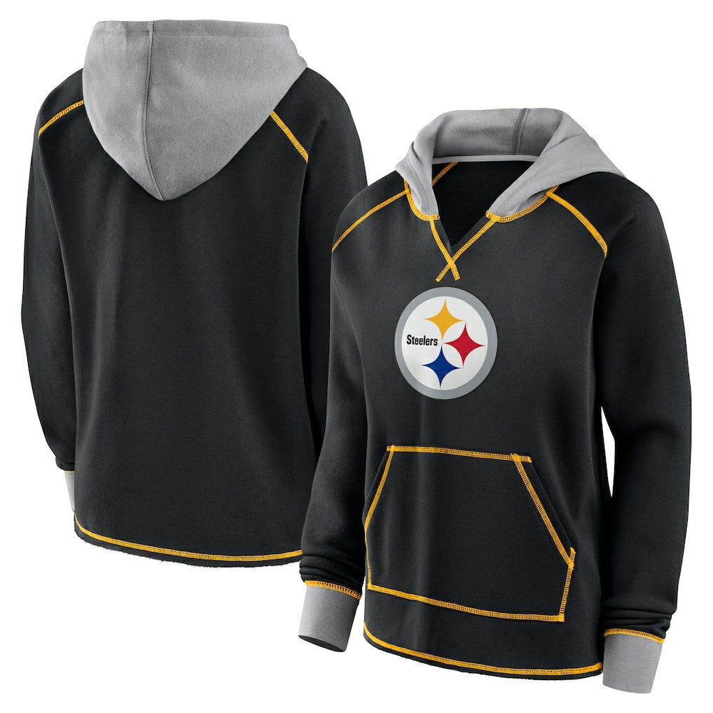 Pittsburgh Steelers Logo Athletic Women's Boom Fleece Pullover V-Neck Hoodie - Black Hoodies