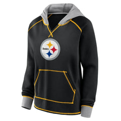 Pittsburgh Steelers Logo Athletic Women's Boom Fleece Pullover V-Neck Hoodie - Black Hoodies