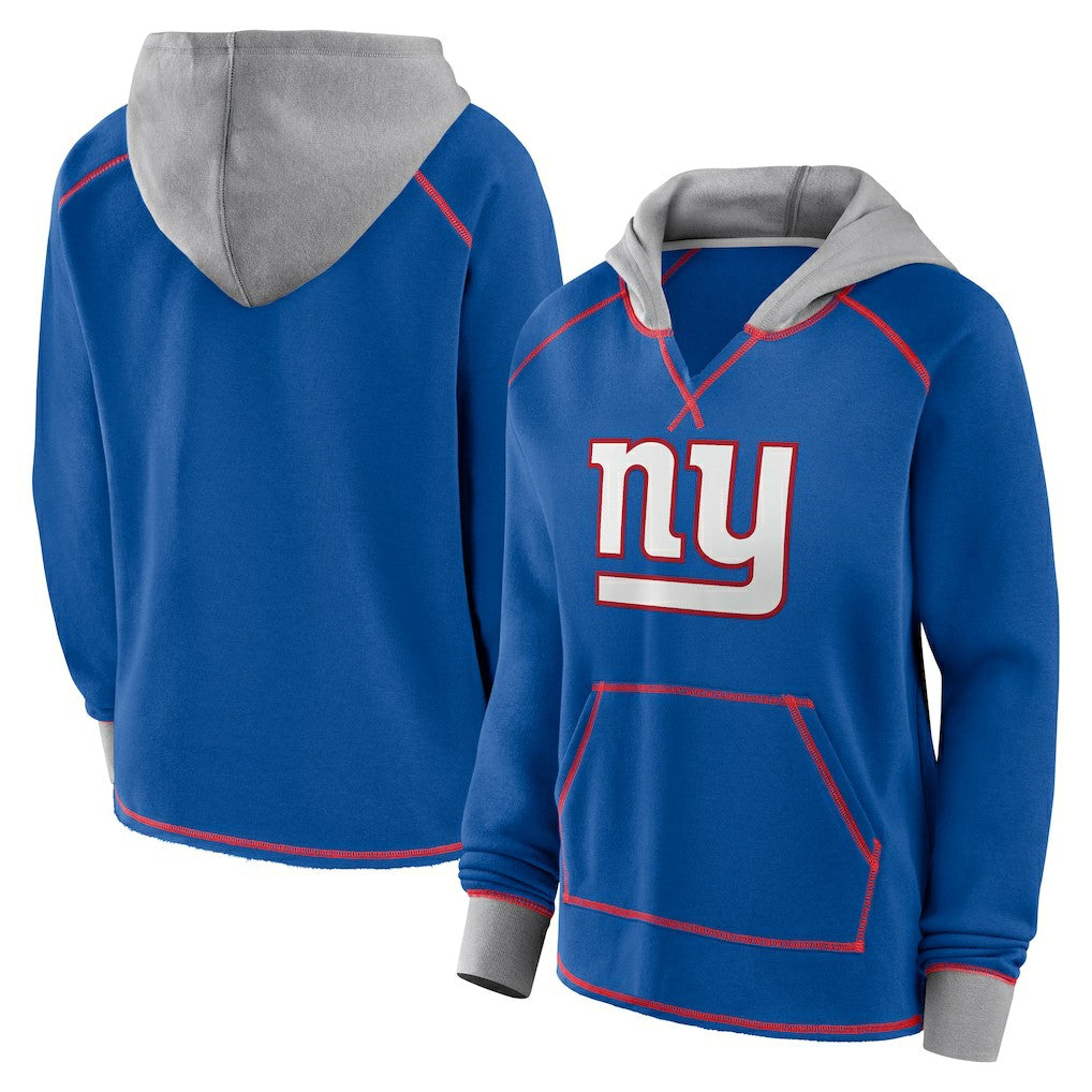 New York Giants Logo Athletic Women's Boom Fleece Pullover V-Neck Hoodie - Royal Hoodies