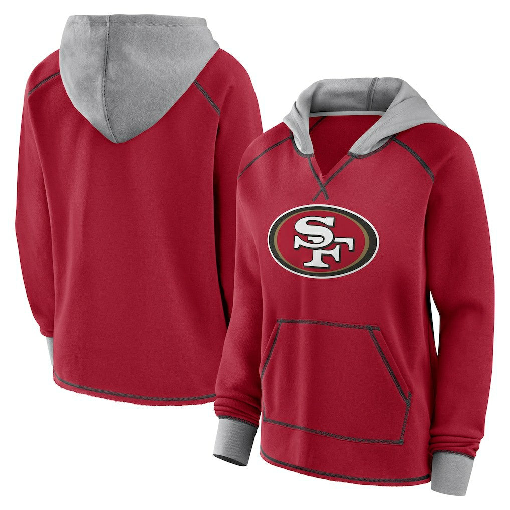 San Francisco 49ers Logo Athletic Women's Boom Fleece Pullover V-Neck Hoodie - Scarlet Hoodies