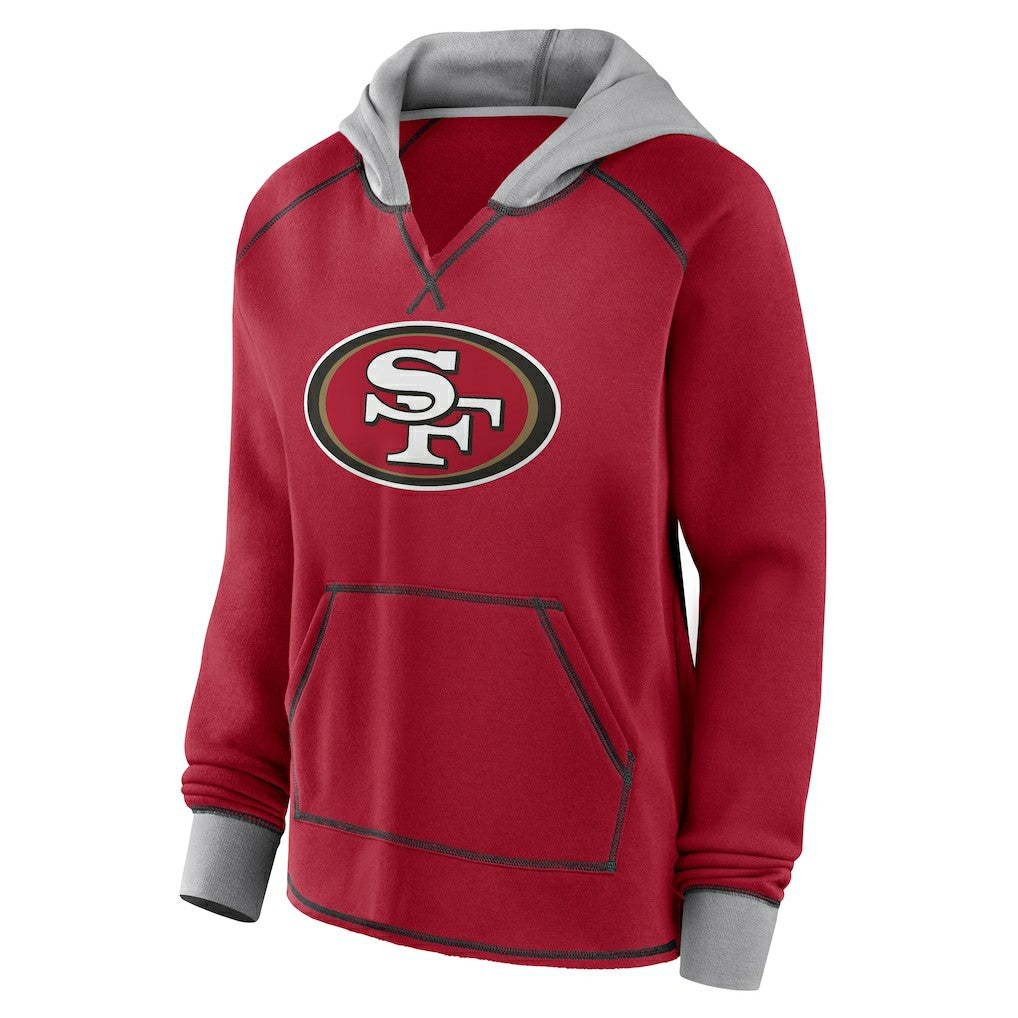San Francisco 49ers Logo Athletic Women's Boom Fleece Pullover V-Neck Hoodie - Scarlet Hoodies