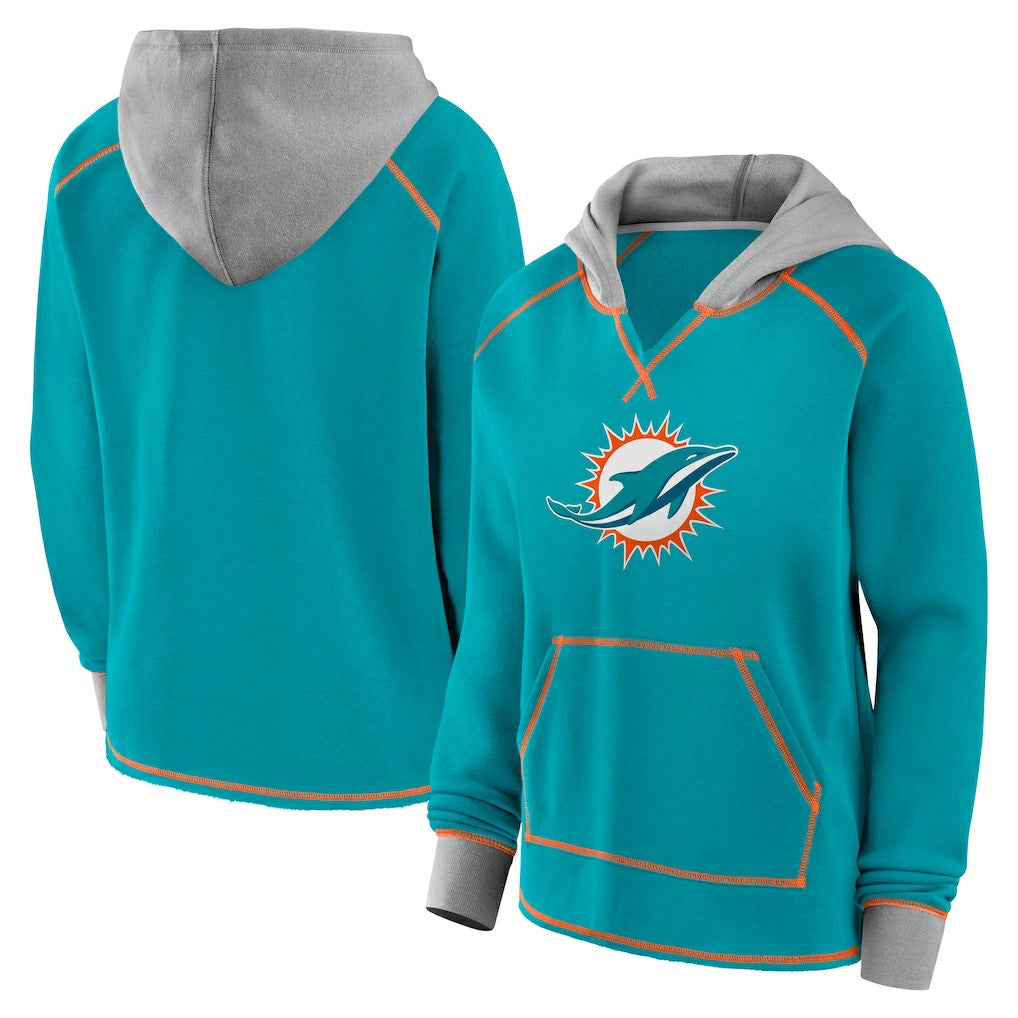 Miami Dolphins Logo Athletic Women's Boom Fleece Pullover V-Neck Hoodie - Aqua Hoodies