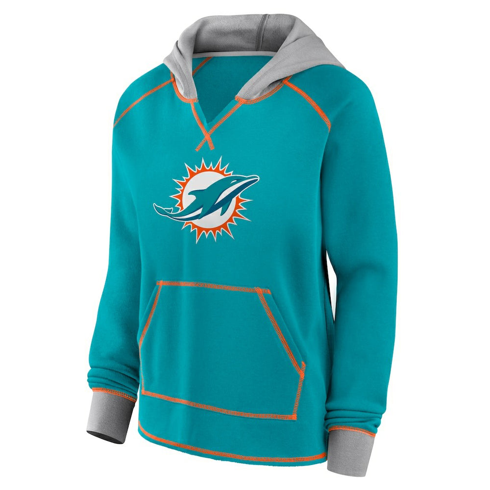 Miami Dolphins Logo Athletic Women's Boom Fleece Pullover V-Neck Hoodie - Aqua Hoodies