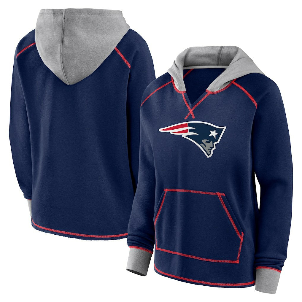New England Patriots Logo Athletic Women's Boom Fleece Pullover V-Neck Hoodie - Navy Hoodies