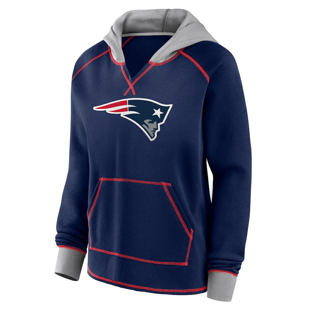 New England Patriots Logo Athletic Women's Boom Fleece Pullover V-Neck Hoodie - Navy Hoodies