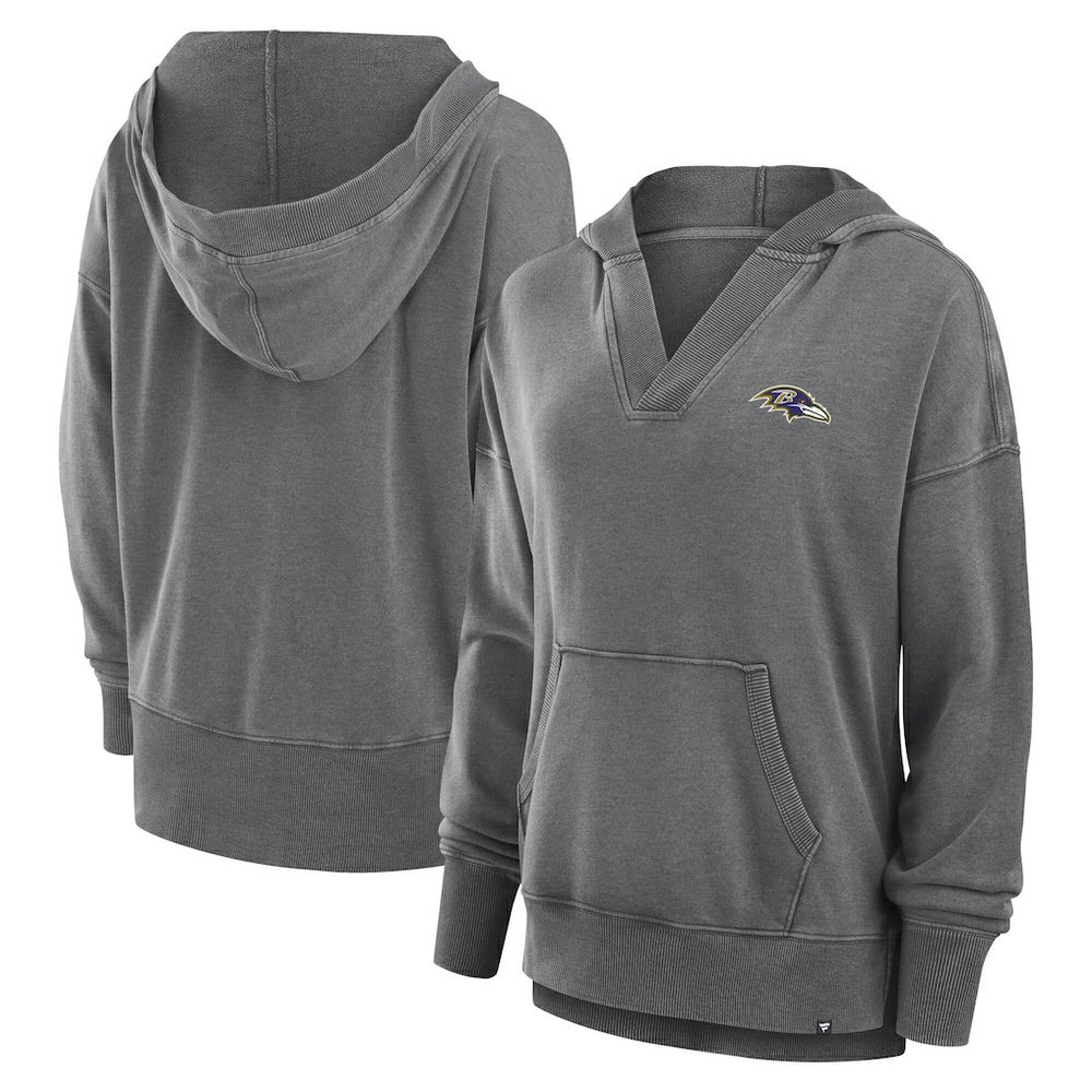 Baltimore Ravens Women's Initiative Snow Wash French Terry V-Neck Pullover Hoodie - Heather Charcoal Hoodies