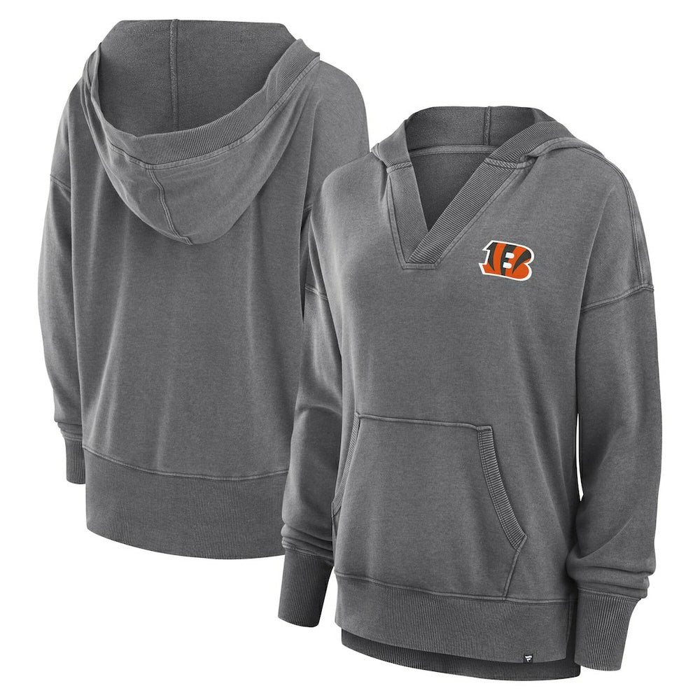 Cincinnati Bengals Women's Initiative Snow Wash French Terry V-Neck Pullover Hoodie - Heather Charcoal Hoodies