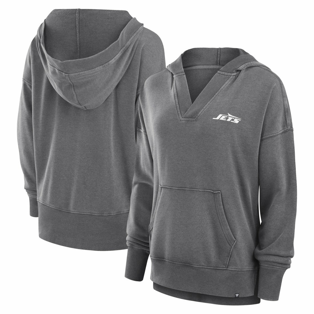 New York Jets Women's Initiative Snow Wash French Terry V-Neck Pullover Hoodie - Heather Charcoal Hoodies