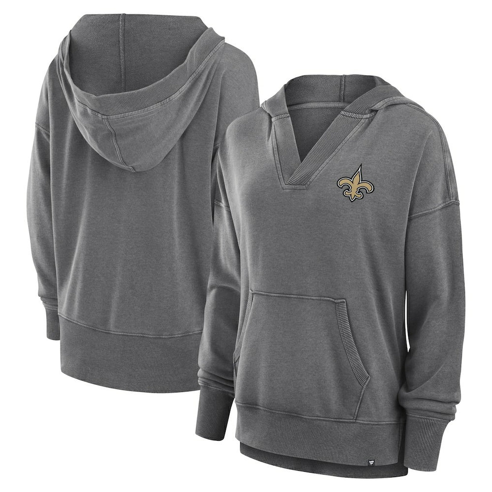 New Orleans Saints Women's Initiative Snow Wash French Terry V-Neck Pullover Hoodie - Heather Charcoal Hoodies