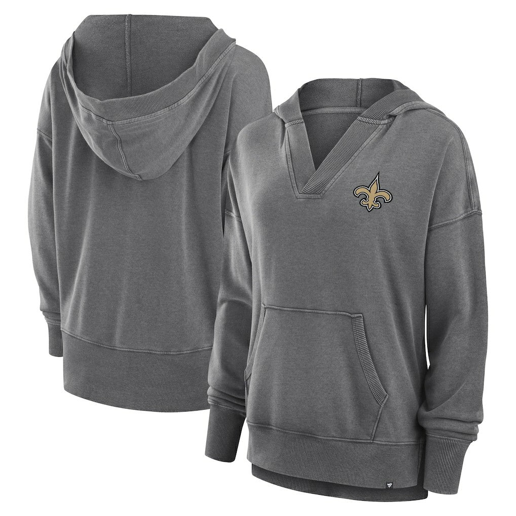 New Orleans Saints Women's Initiative Snow Wash French Terry V-Neck Pullover Hoodie - Heather Charcoal Hoodies