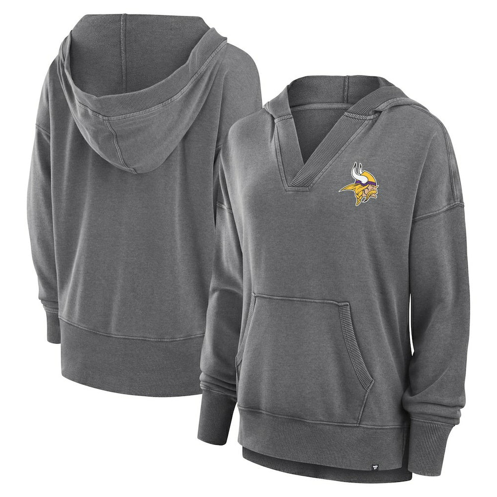 Minnesota Vikings Women's Initiative Snow Wash French Terry V-Neck Pullover Hoodie - Heather Charcoal Hoodies