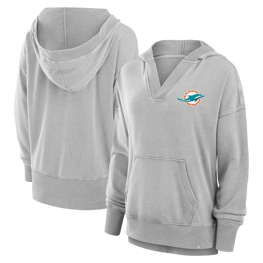 Miami Dolphins Women's Initiative Snow Wash French Terry V-Neck Pullover Hoodie - Heather Gray Hoodies