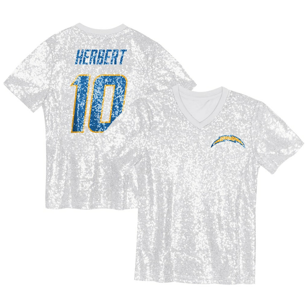 Justin Herbert Los Angeles Chargers Girls Youth Sequin V-Neck Fashion Jersey - Powder Blue Jerseys