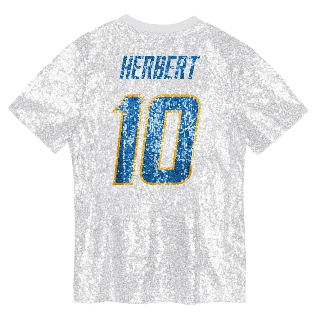 Justin Herbert Los Angeles Chargers Girls Youth Sequin V-Neck Fashion Jersey - Powder Blue Jerseys