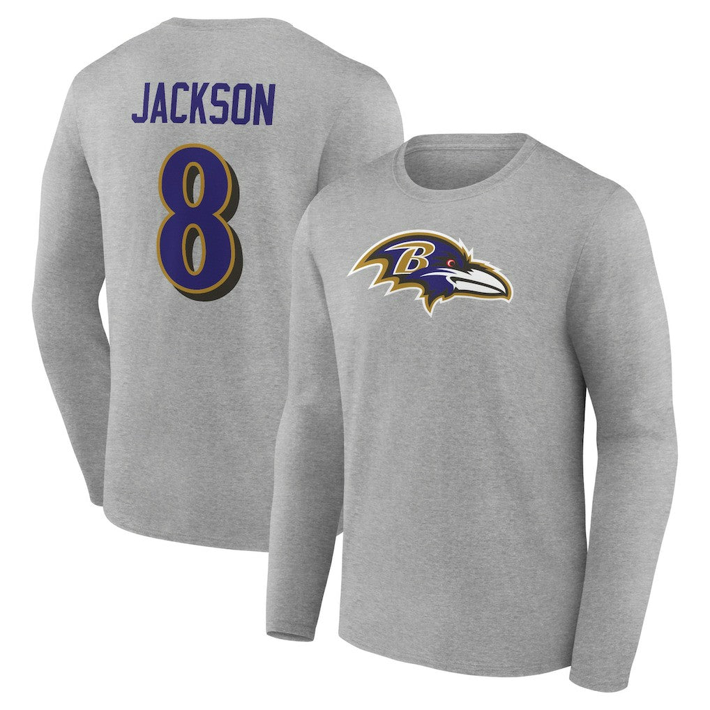 Lamar Jackson Baltimore Ravens Icon Player Name & Number Long Sleeve T-Shirt - Gray T-shirts
