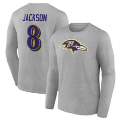 Lamar Jackson Baltimore Ravens Icon Player Name & Number Long Sleeve T-Shirt - Gray T-shirts