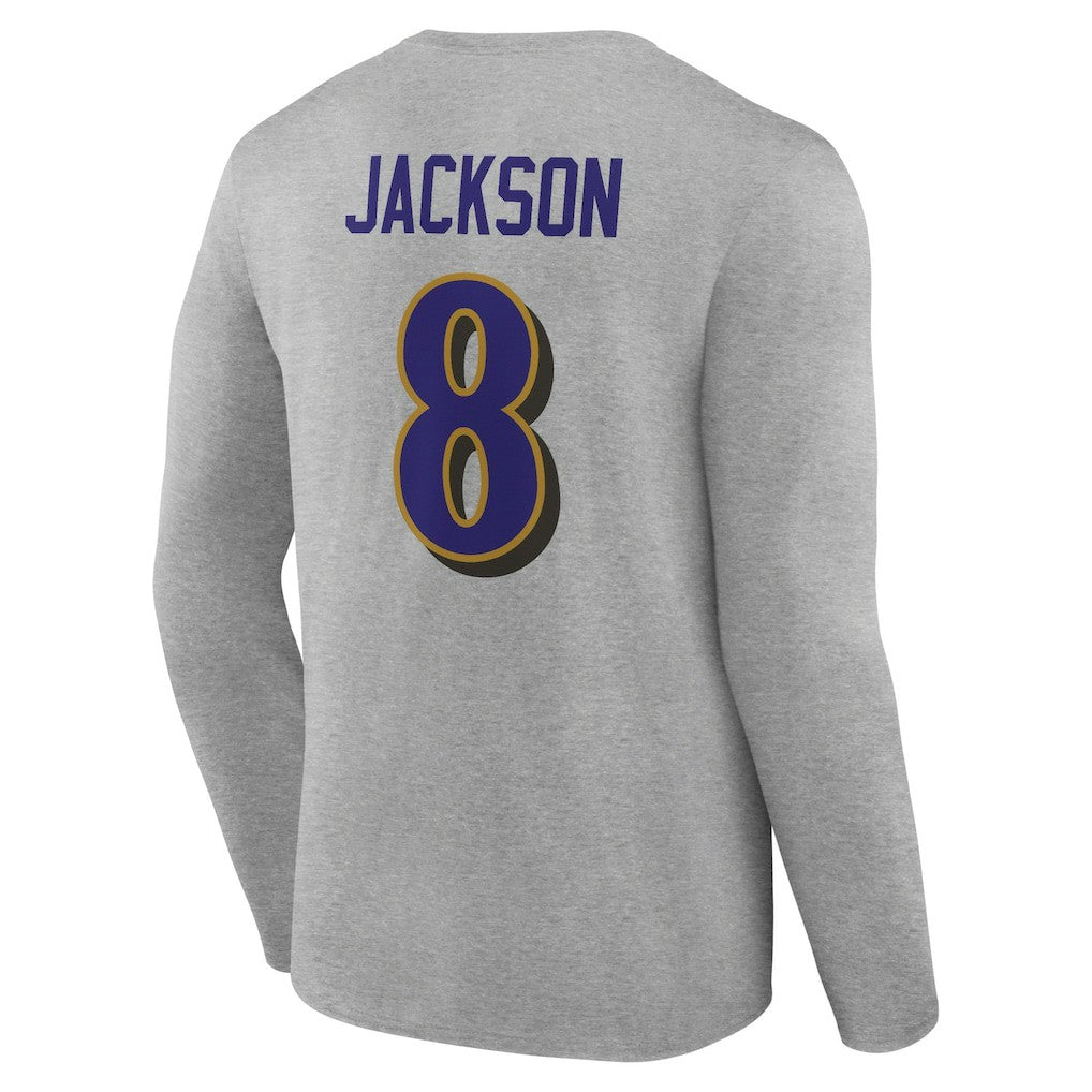 Lamar Jackson Baltimore Ravens Icon Player Name & Number Long Sleeve T-Shirt - Gray T-shirts