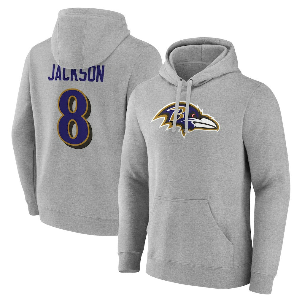 Lamar Jackson Baltimore Ravens Icon Player Name & Number Pullover Hoodie - Gray Hoodies