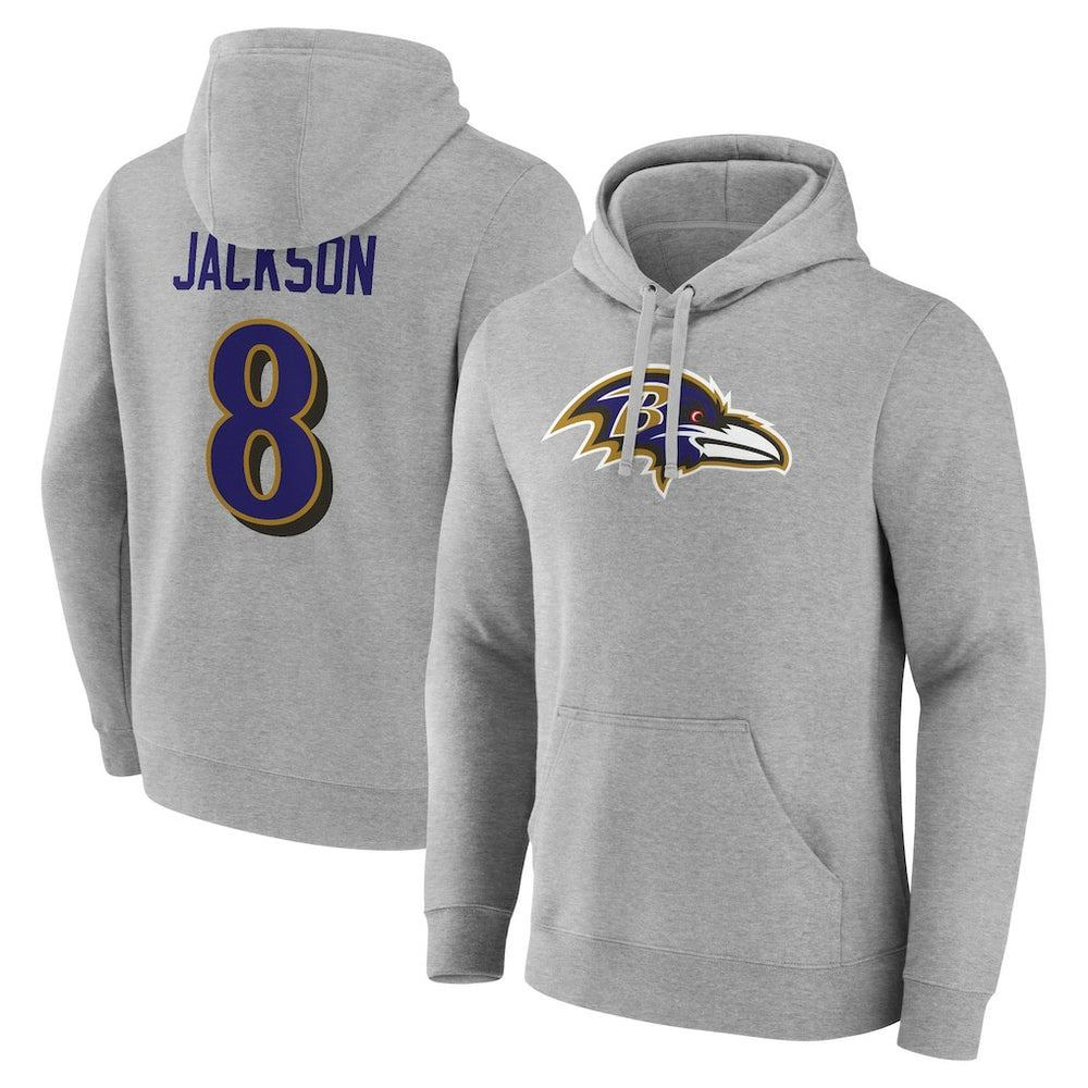 Lamar Jackson Baltimore Ravens Icon Player Name & Number Pullover Hoodie - Gray Hoodies