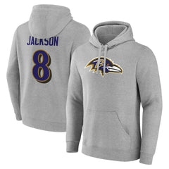 Lamar Jackson Baltimore Ravens Icon Player Name & Number Pullover Hoodie - Gray Hoodies