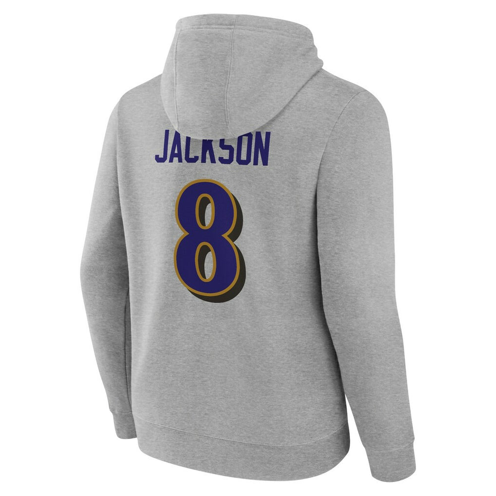 Lamar Jackson Baltimore Ravens Icon Player Name & Number Pullover Hoodie - Gray Hoodies